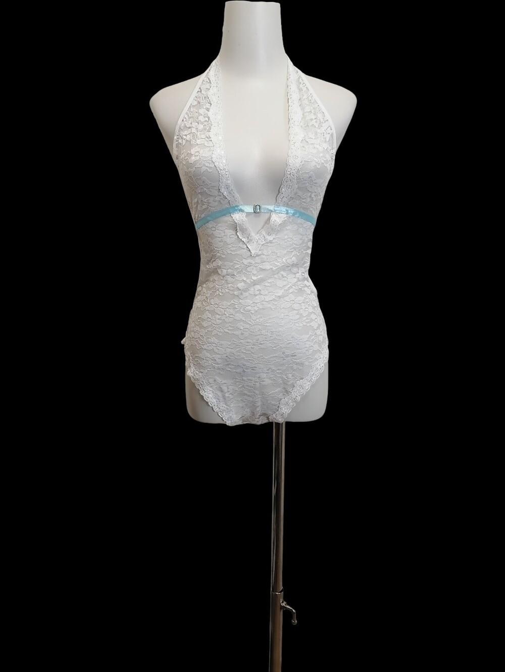 🐳🐳S, White Lace Halter Bodysuit with Light Blue Accent